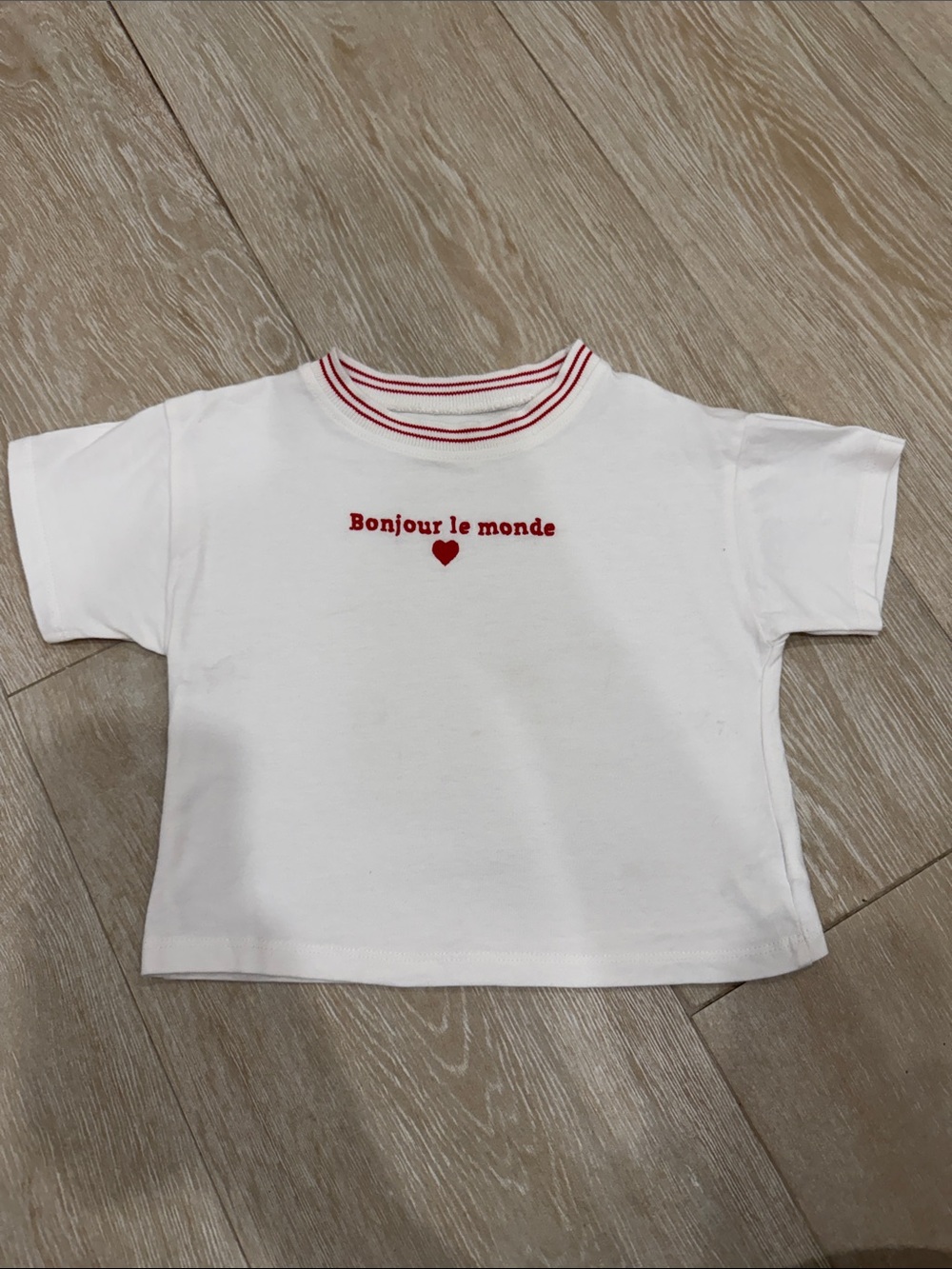Zara White Tee with Red 'Bonjour le monde' Embroidery